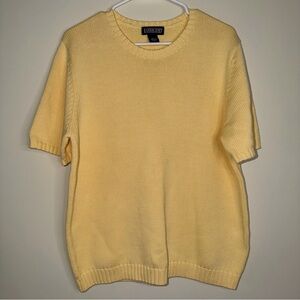 Vintage 80s Lands’ End Cotton Knit Short Sleeve Sweater Yellow Size Large 14-16